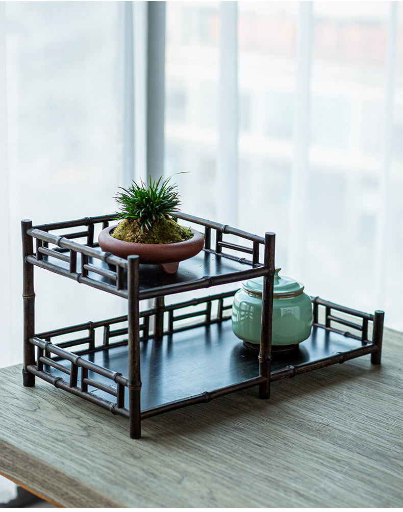 Zen-inspired Bamboo and Ancient Vase Display Shelf