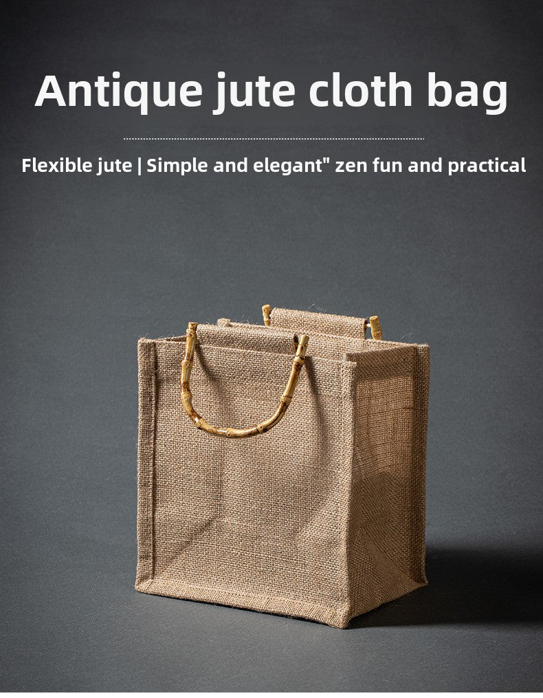 Vintage Bamboo Handle Burlap Bag