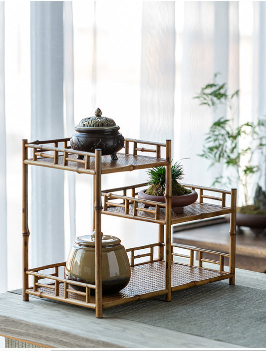 Zen-inspired Bamboo and Ancient Vase Display Shelf
