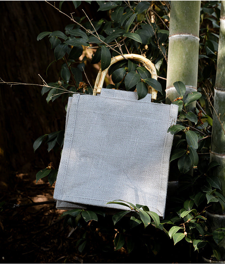 Vintage Bamboo Handle Burlap Bag