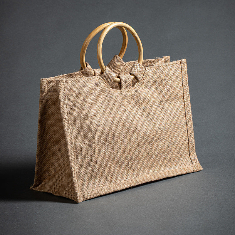 Vintage Bamboo Handle Burlap Bag