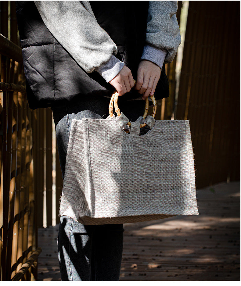 Vintage Bamboo Handle Burlap Bag