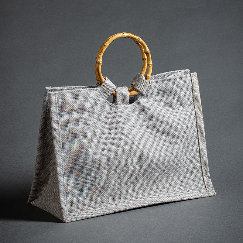 Vintage Bamboo Handle Burlap Bag
