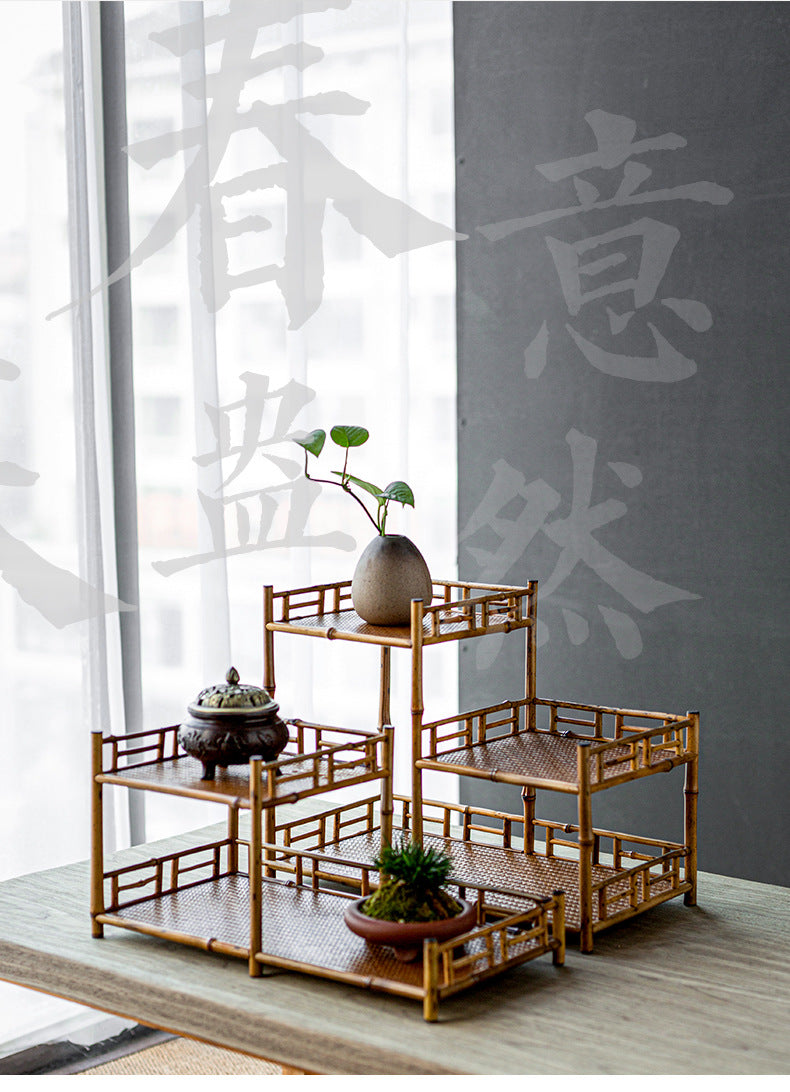 Zen-inspired Bamboo and Ancient Vase Display Shelf