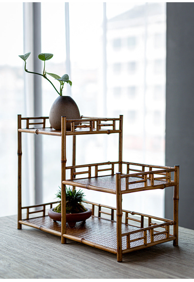 Zen-inspired Bamboo and Ancient Vase Display Shelf