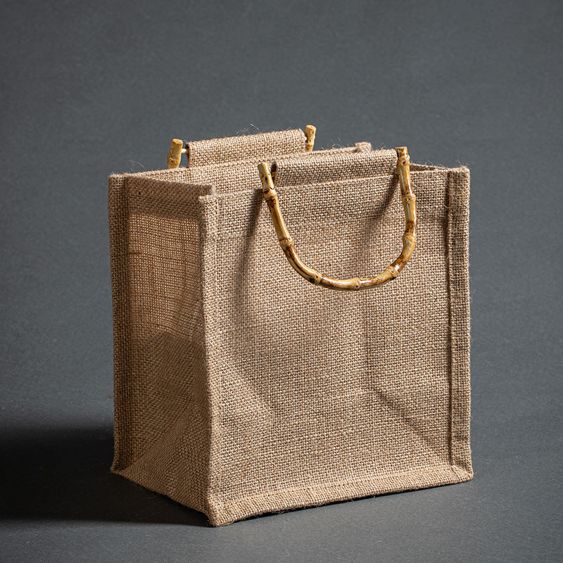Vintage Bamboo Handle Burlap Bag
