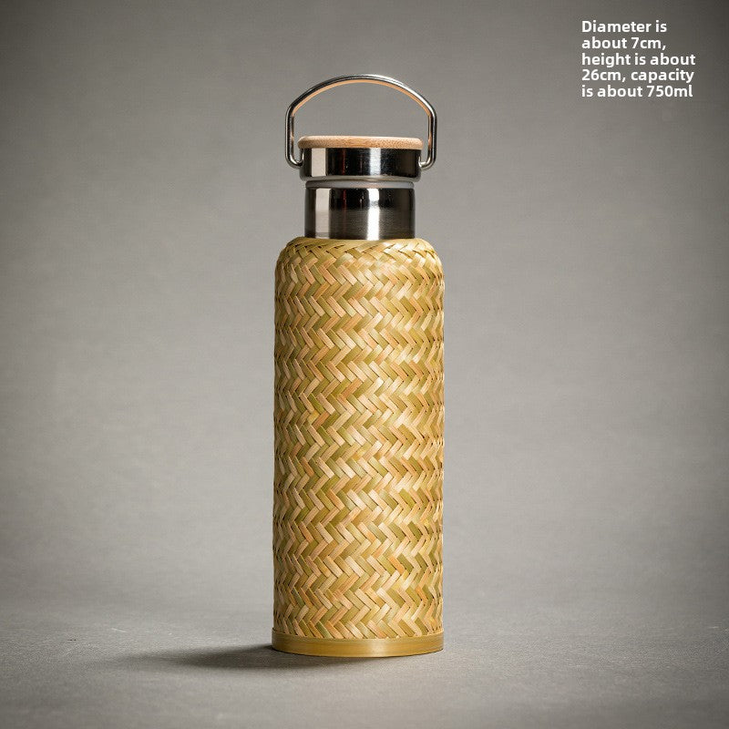 Vintage Bamboo Woven Portable Stainless Steel Insulated Water Bottle