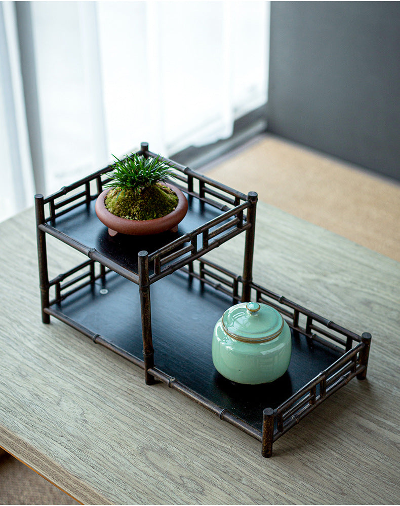 Zen-inspired Bamboo and Ancient Vase Display Shelf