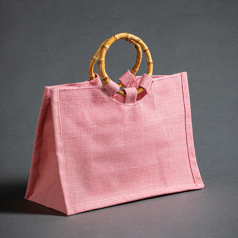 Vintage Bamboo Handle Burlap Bag
