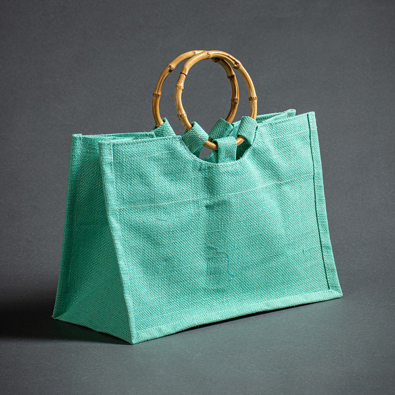 Vintage Bamboo Handle Burlap Bag