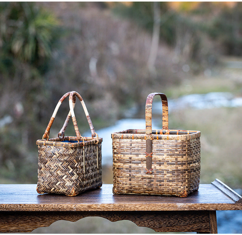 Handwoven Handheld Basket Bamboo Woven Fruit Basket Vegetable Basket