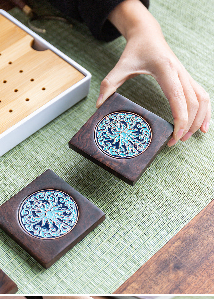 Handmade Ebony Coaster Cloisonné Enamel Tea Tray