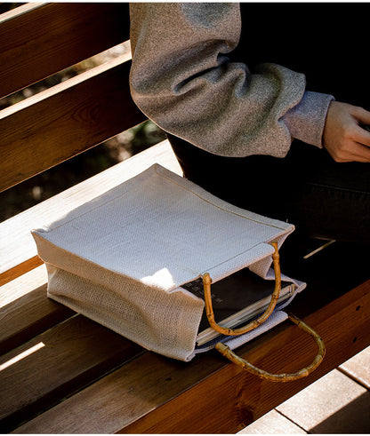 Vintage Bamboo Handle Burlap Bag