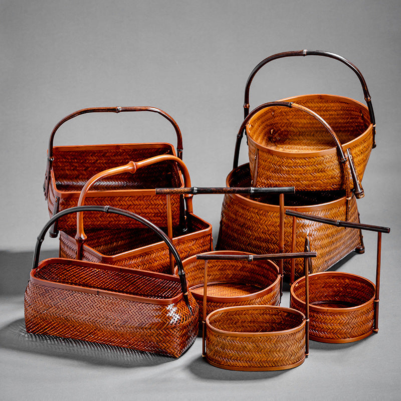 Large Lacquered Bamboo Woven Storage Basket