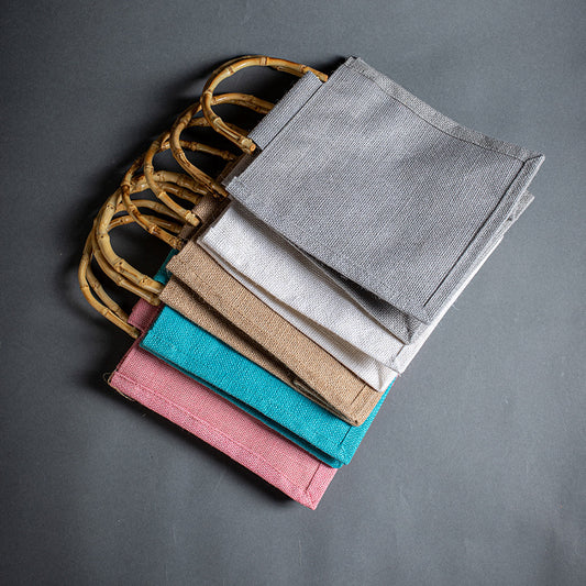 Vintage Bamboo Handle Burlap Bag