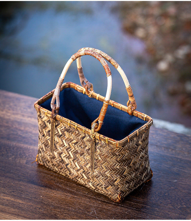 Handwoven Handheld Basket Bamboo Woven Fruit Basket Vegetable Basket