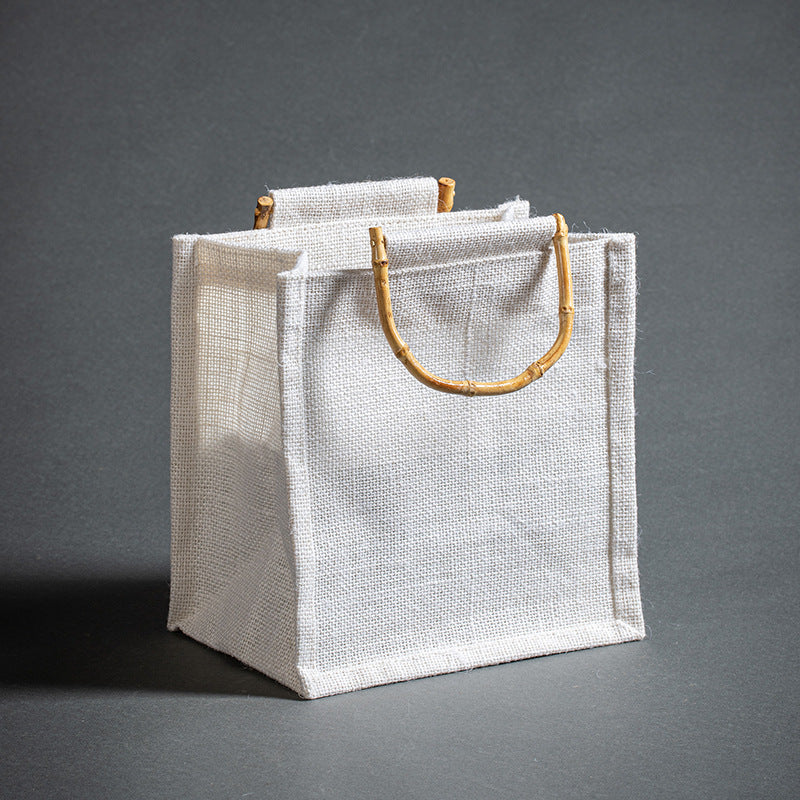 Vintage Bamboo Handle Burlap Bag